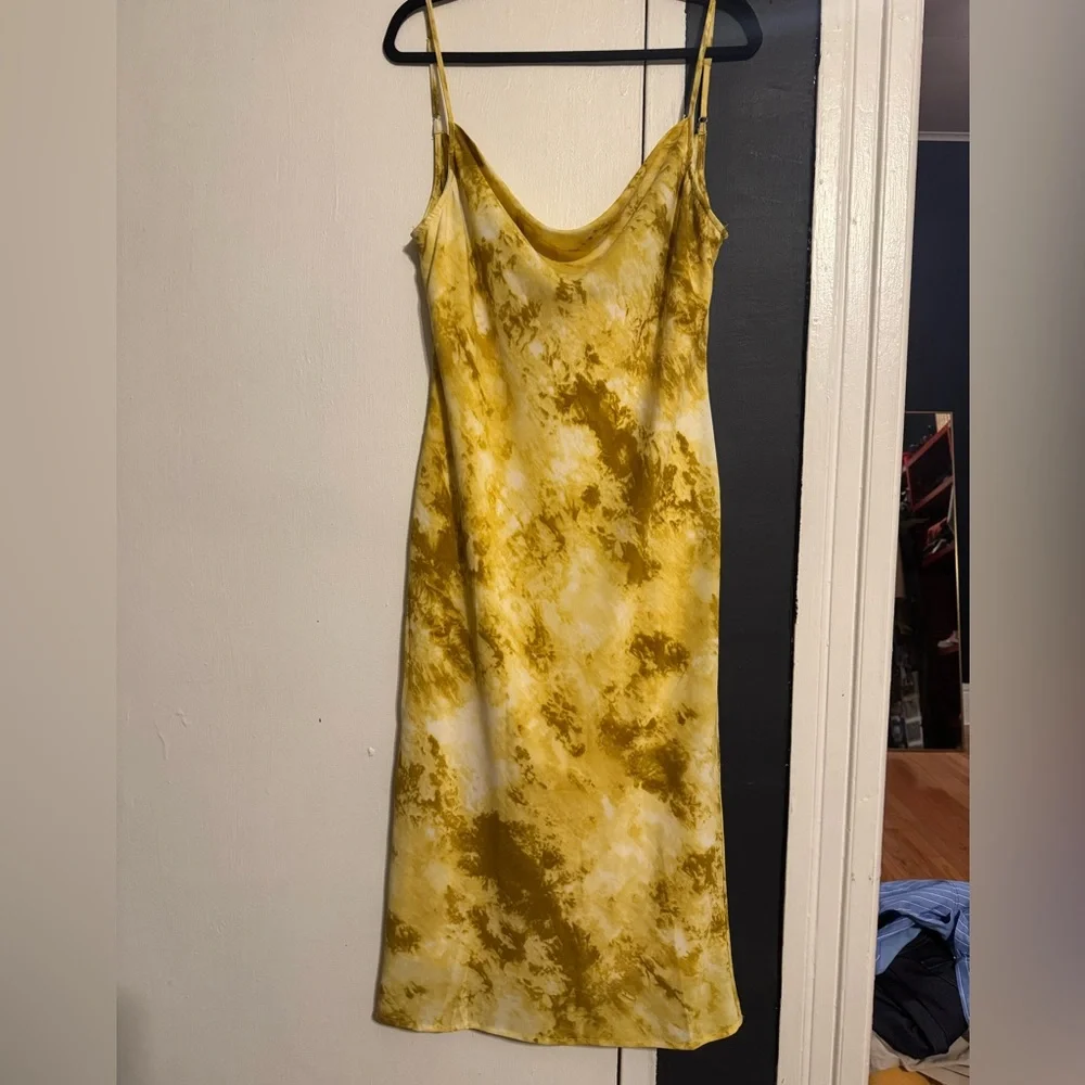 Yellow Tie Dye Midi Pencil Dress Adjustable Spaghetti Straps Lined - Picture 3 of 4